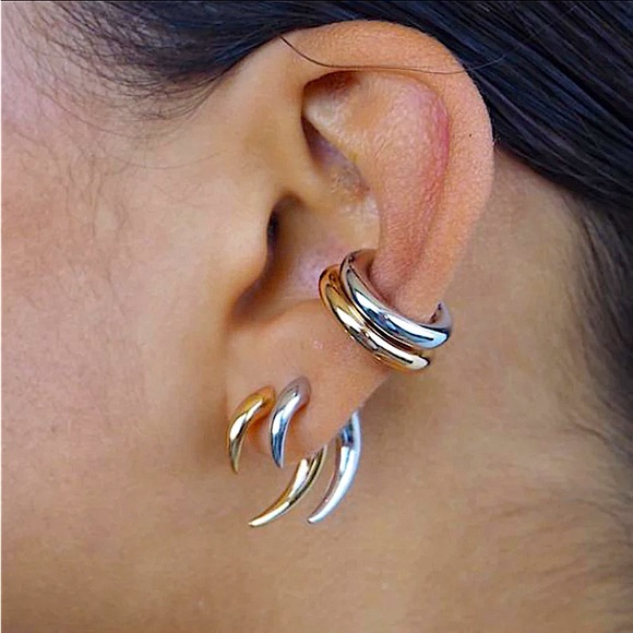 Silver Spiked Horn Earrings Ear Jacket Front Back Spike Minimalist Punk Gothic - Picture 3 of 9